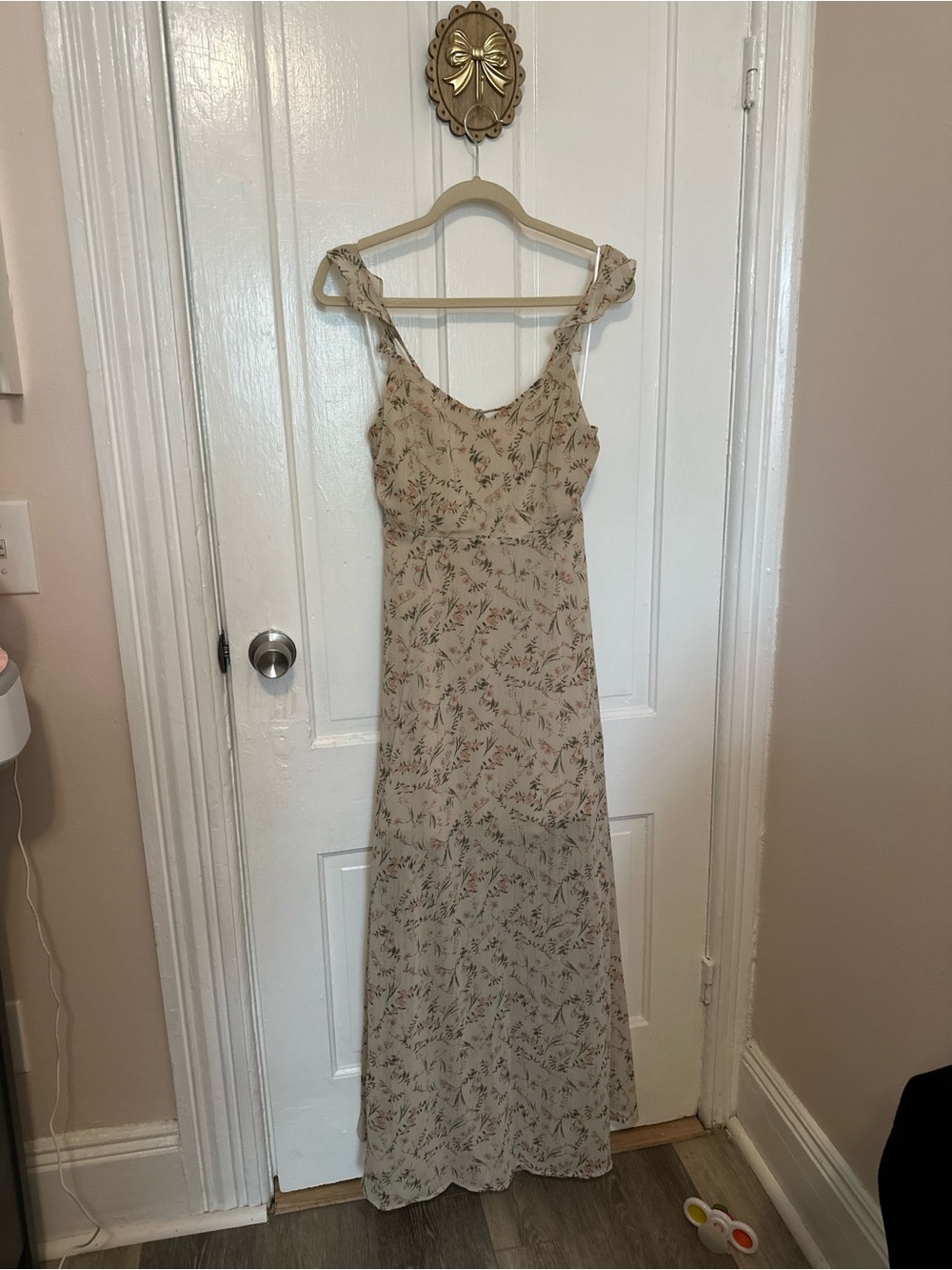 Aakaa Beige Floral Maxi Dress with Delicate Straps